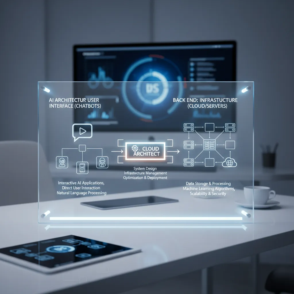 A clean, modern diagram comparing the "Front End" of AI (Chatbots) with the "Back End" (Cloud Architecture/Servers) to visualize where the Cloud Architect fits in.