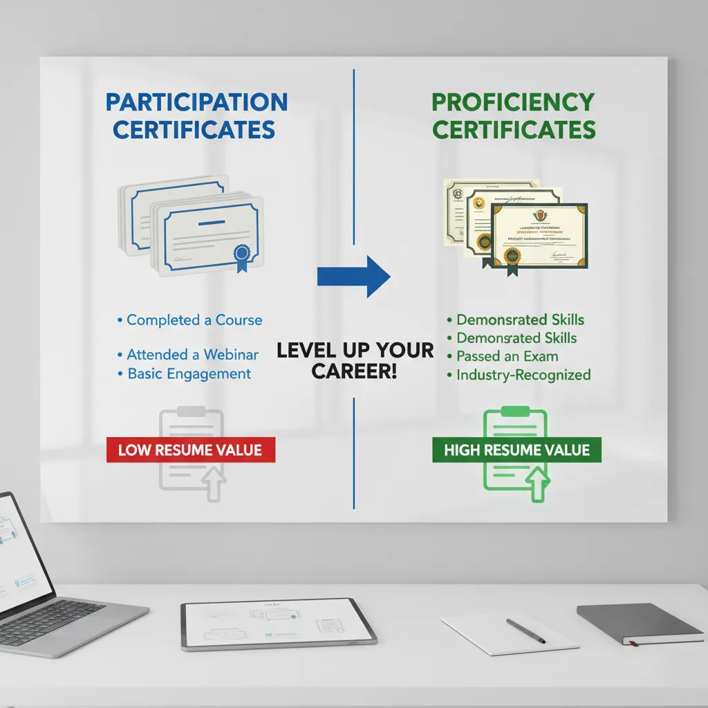A comparative infographic showing "Participation Certificates" on the left vs "Proficiency Certificates" on the right, highlighting key differences in resume value