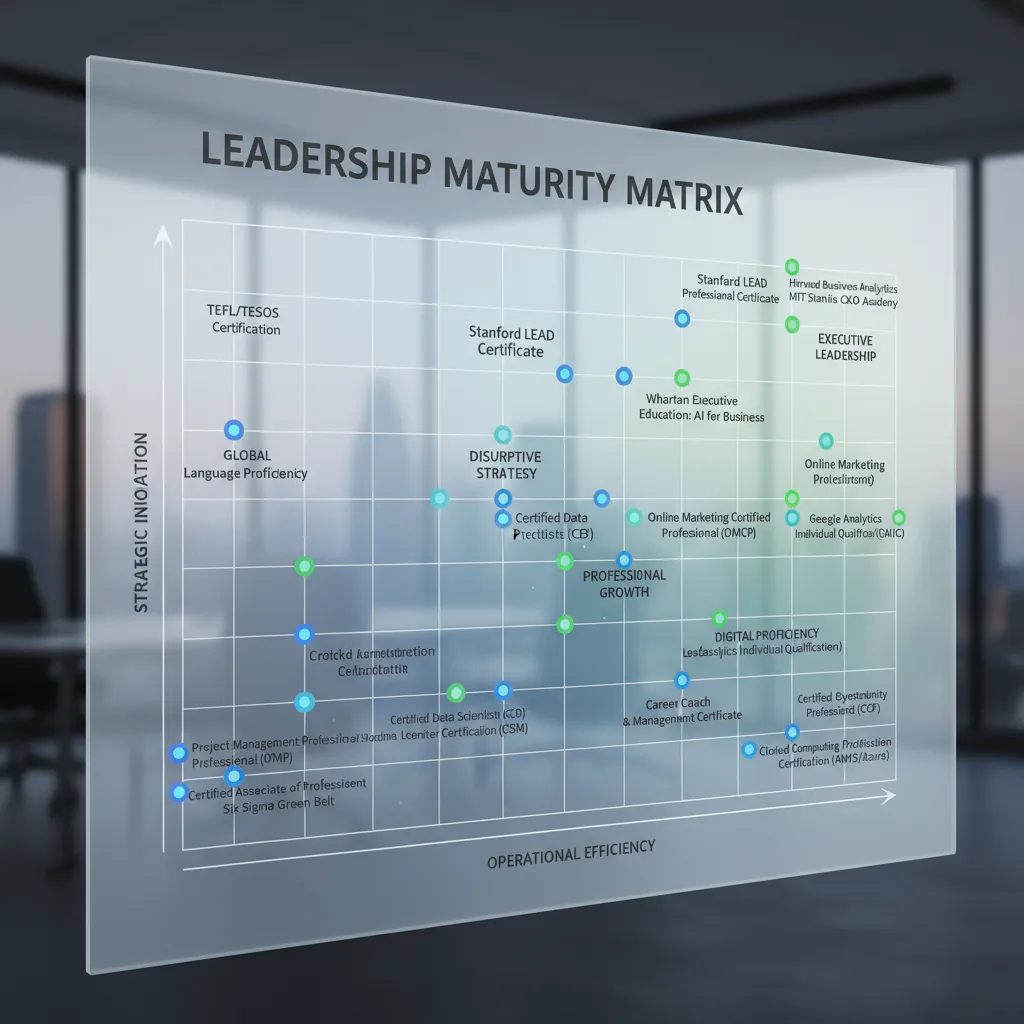 A professional data visualization graphic showing the "Leadership Maturity Matrix," plotting certifications from "Operational Efficiency" (PMP) on the X-axis to "Strategic Innovation" (Stanford LEAD/Wharton AI) on the Y-axis.