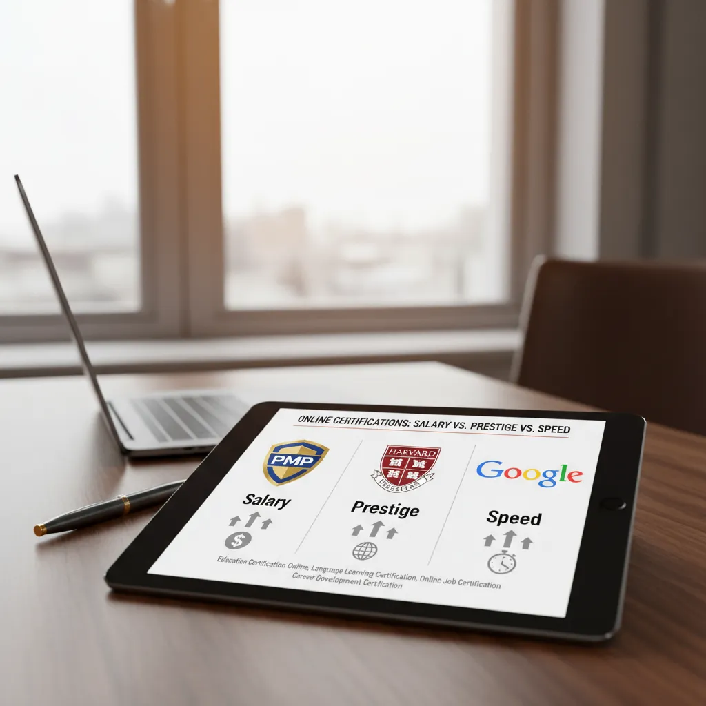 A comparison chart showing three distinct paths: The PMP shield logo, the Harvard crest, and the Google logo, labeled with 'Salary', 'Prestige', and 'Speed' respectively.