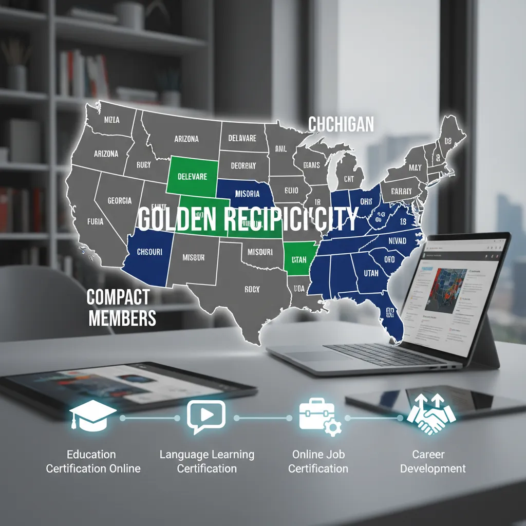 A map of the United States highlighting the 8 "Golden" reciprocity states in green and Compact member states in blue.