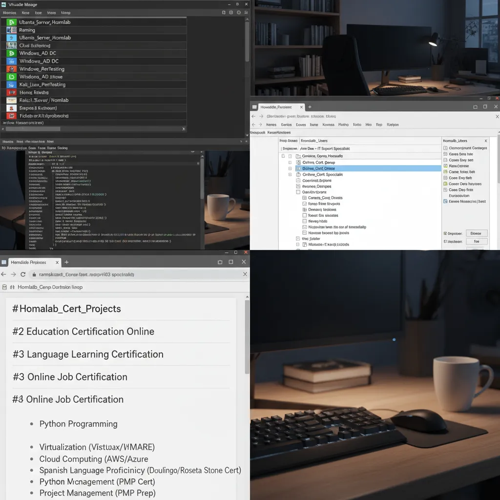A screenshot montage showing a VirtualBox interface, a Windows Server Active Directory user setup screen, and a GitHub repository README file to visualize the Home Lab concept.