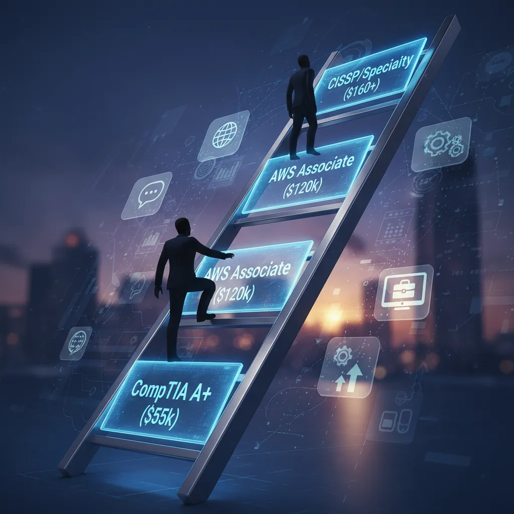 A conceptual illustration of a "Salary Ladder". The bottom step is labeled "CompTIA A+ ($55k)", the middle step "AWS Associate ($120k)", and the top step "CISSP/Specialty ($160k+)". A silhouette of a professional is climbing the steps.
