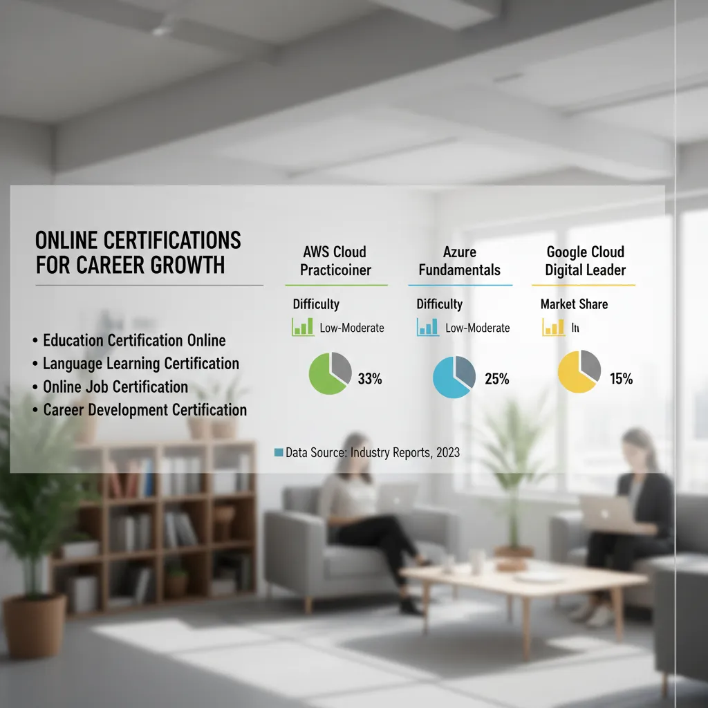 A comparative matrix chart displaying AWS Cloud Practitioner, Azure Fundamentals, and Google Cloud Digital Leader based on difficulty and market share.