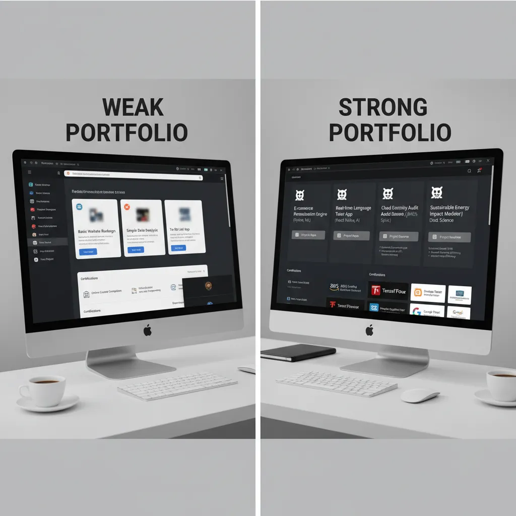 A screenshot comparison of a weak portfolio (generic projects) vs. a strong portfolio (GitHub links, clean READMEs, business impact statements).