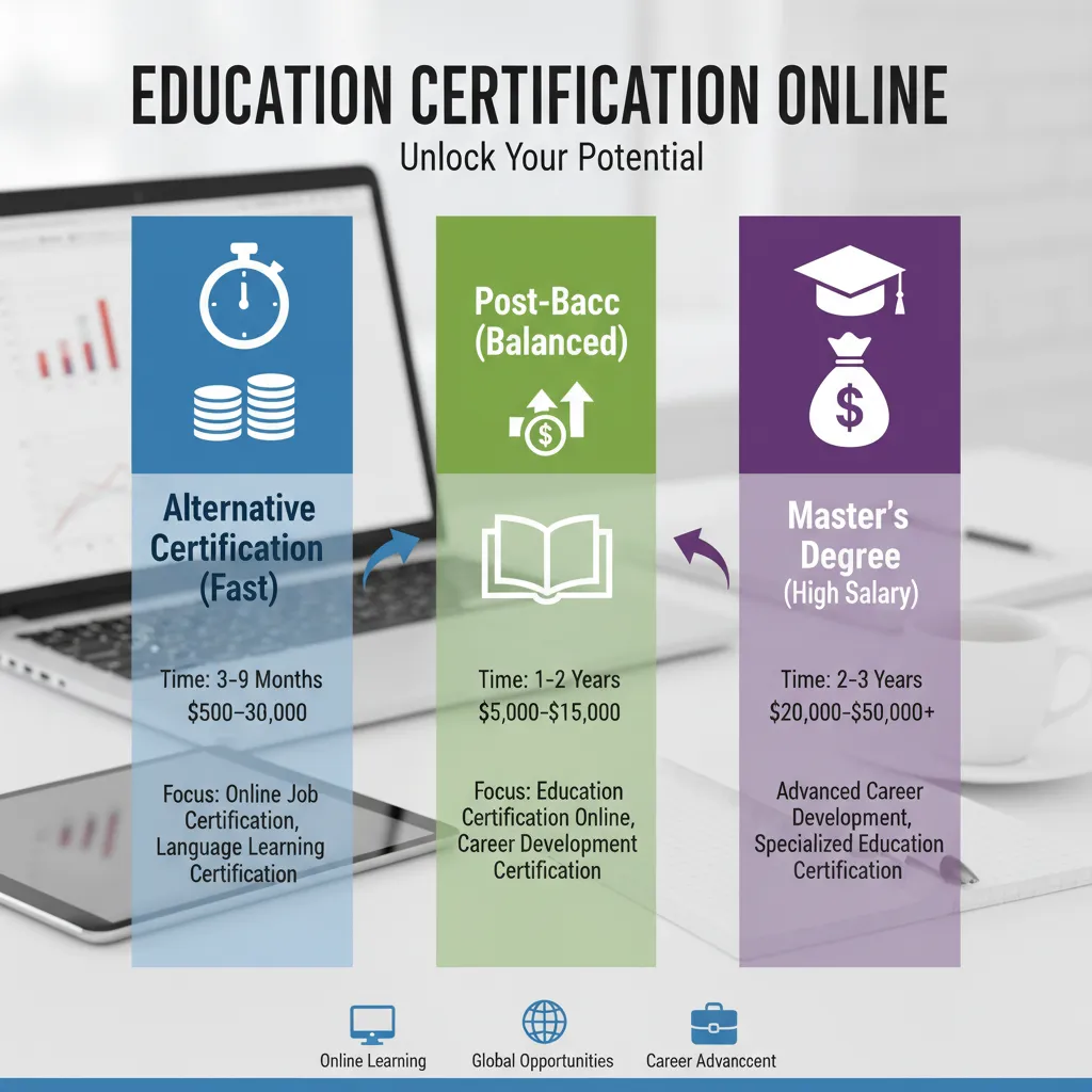 Infographic illustrating the three pathways: Alternative Certification (Fast), Post-Bacc (Balanced), and Master's Degree (High Salary), comparing time and cost.