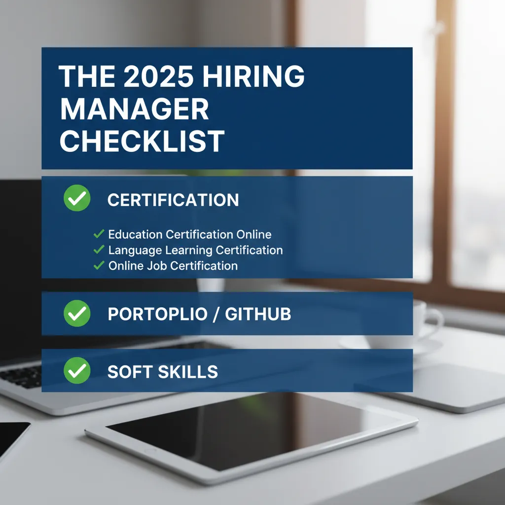 An infographic styled as a checklist titled "The 2025 Hiring Manager Checklist." It checks off "Certification," "Portfolio/GitHub," and "Soft Skills," showing that all three are needed.