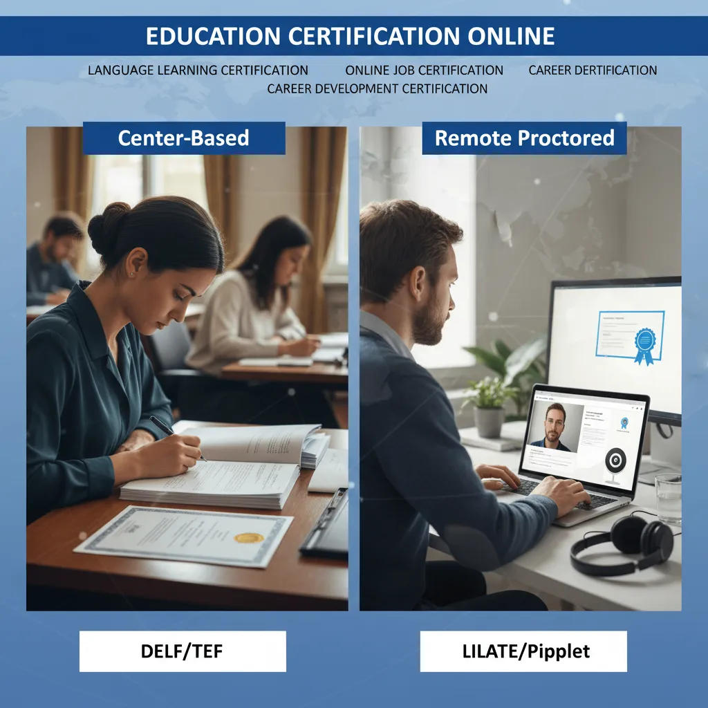 A split-screen comparison graphic. Left side: "Center-Based" showing a person at a desk with paper (Label: DELF/TEF). Right side: "Remote Proctored" showing a person with a laptop and webcam icon (Label: LILATE/Pipplet).