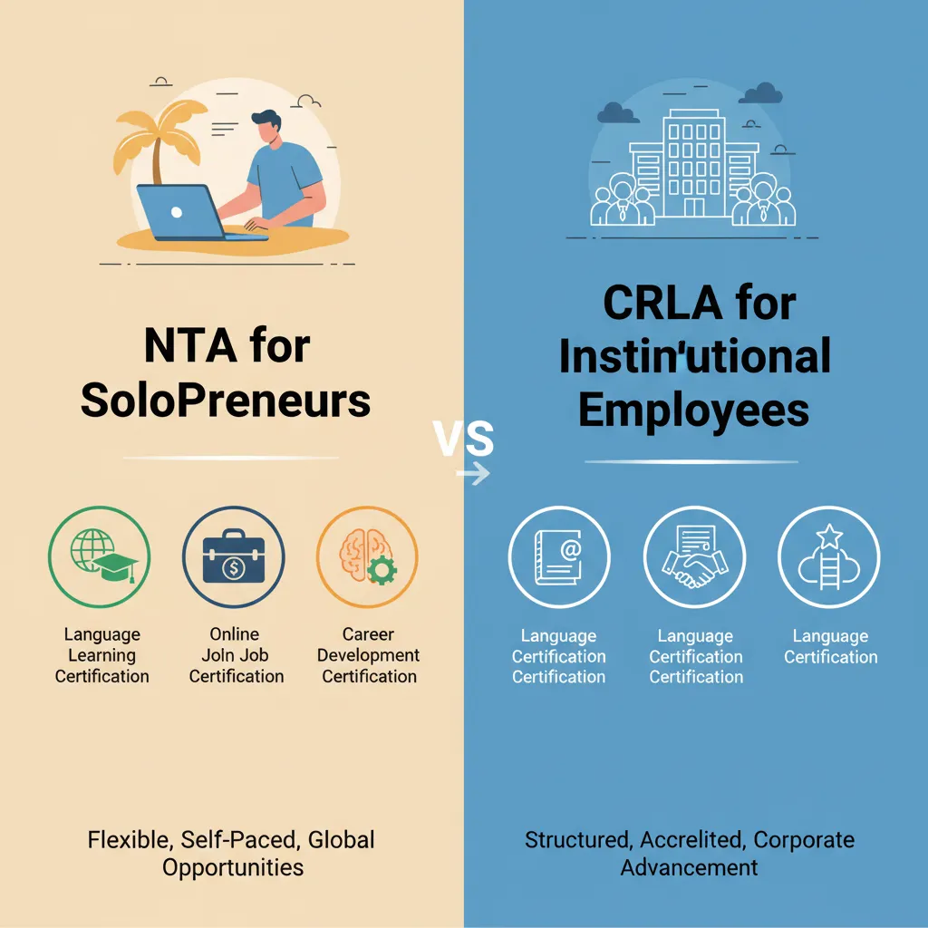 A split-screen comparison graphic showing "NTA for SoloPreneurs" vs "CRLA for Institutional Employees" with icons representing each path
