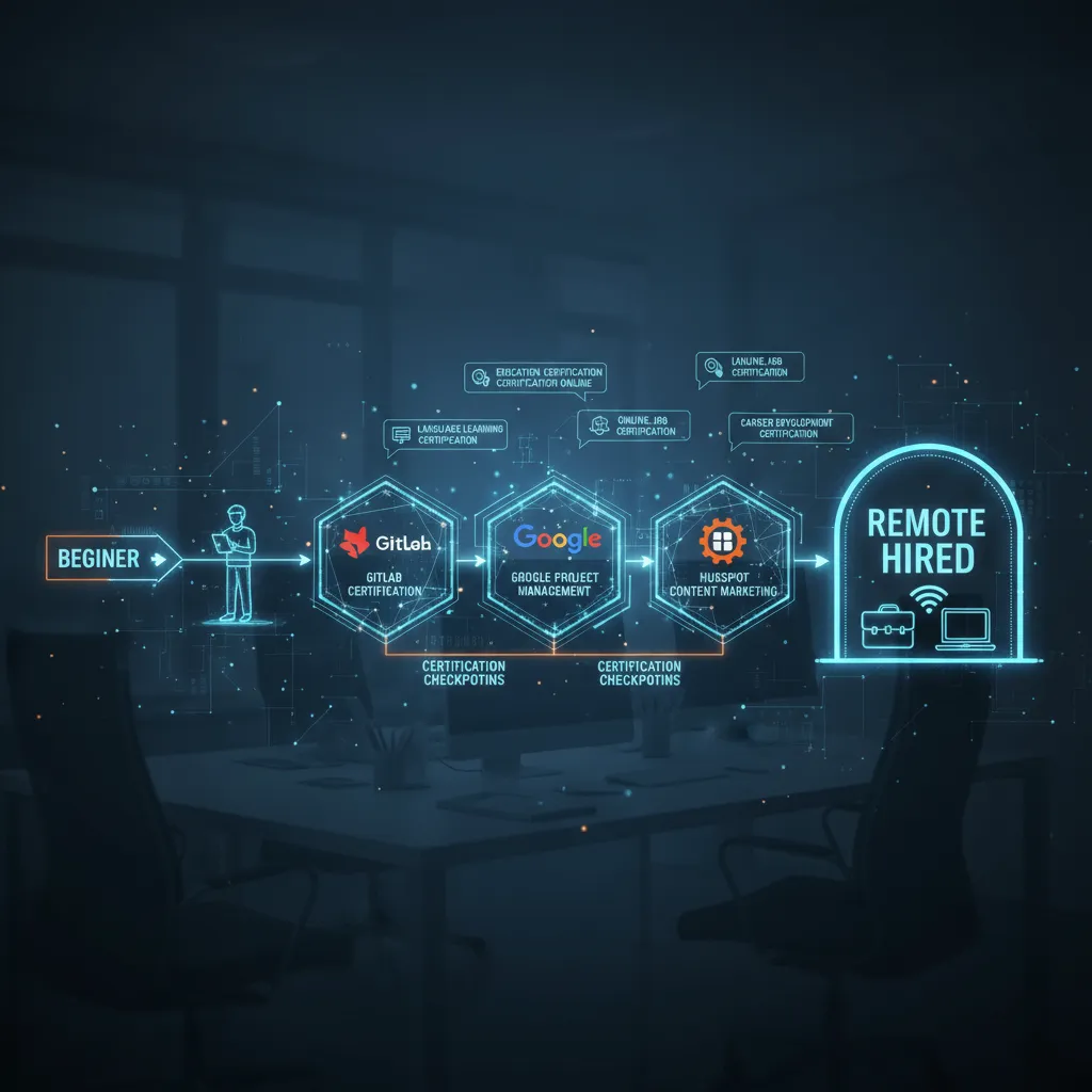 An infographic styled roadmap showing a "Beginner" starting point, passing through "Certification Checkpoints" (GitLab, Google, HubSpot), and arriving at "Remote Hired."