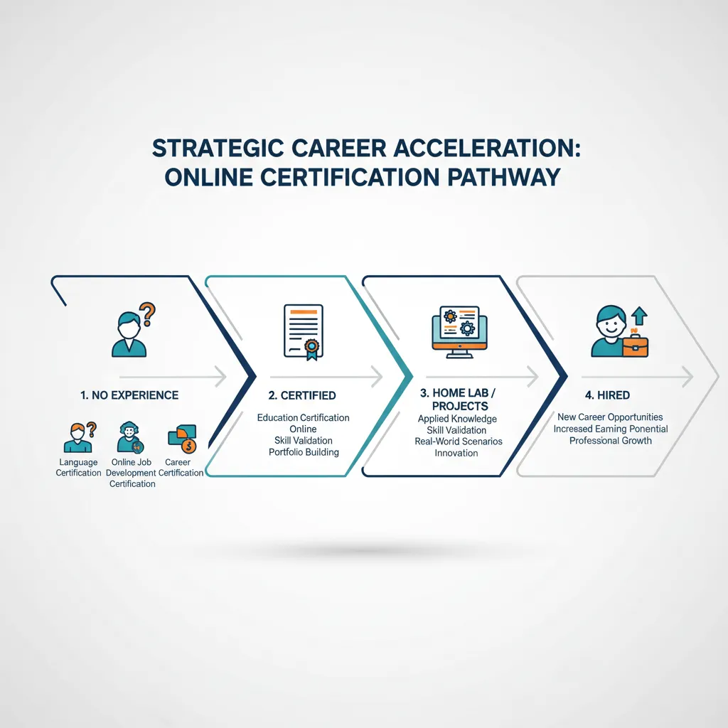A strategic roadmap infographic showing the progression from 'No Experience' to 'Certified' to 'Home Lab' to 'Hired', utilizing a clean, modern vector style.