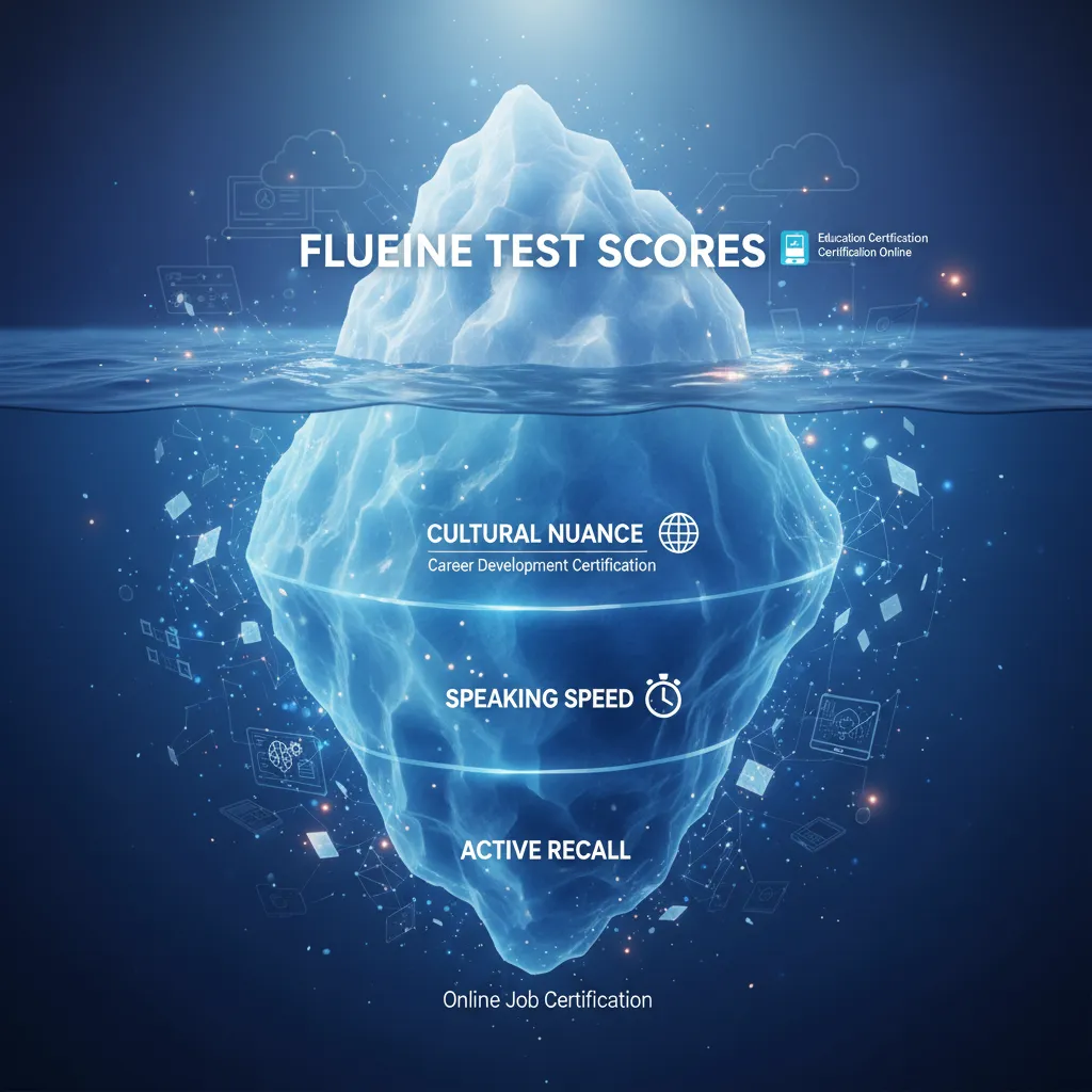A professional concept illustration showing a "Fluency Iceberg," where "Online Test Scores" are the visible tip, and "Cultural Nuance," "Speaking Speed," and "Active Recall" are underwater.