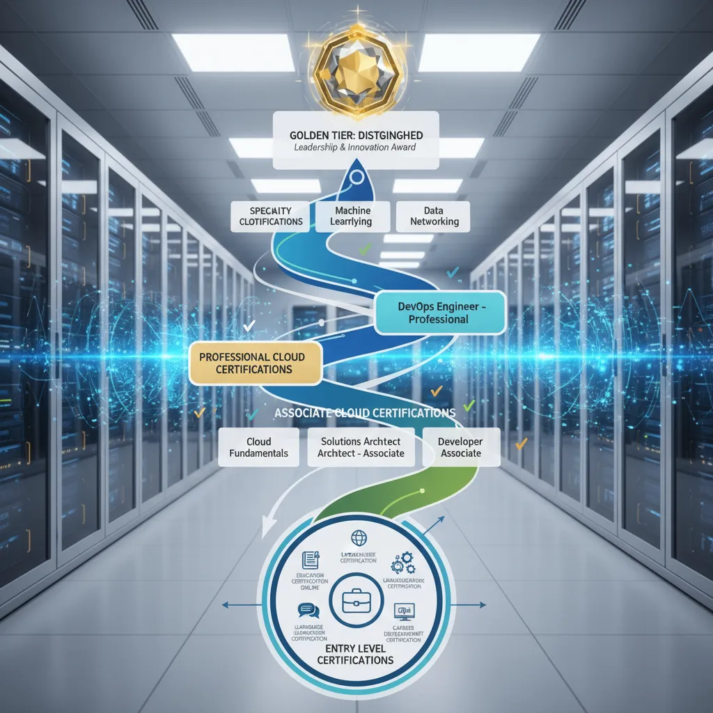 Infographic showing the roadmap of a cloud career, starting from entry level to 'Golden Tier' certifications