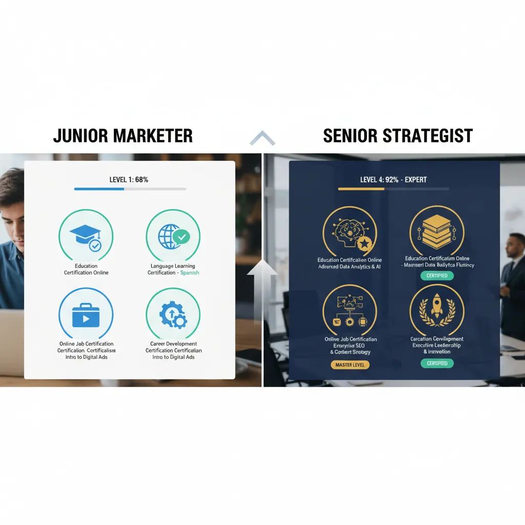A split-screen graphic showing a "Junior Marketer" dashboard vs. a "Senior Strategist" dashboard to illustrate the depth of advanced certifications.