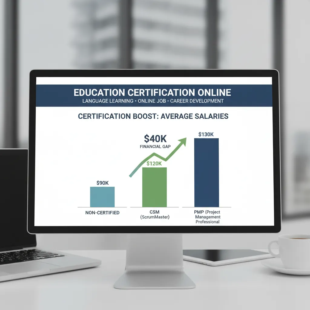 Bar chart comparing average salaries: Non-Certified ($90k), CSM ($120k), PMP ($130k). Visualizing the financial gap.