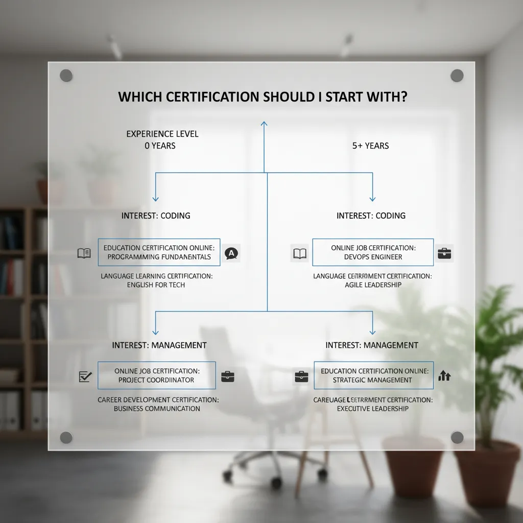 A flowchart helping the reader decide "Which Certification Should I Start With?" based on their current experience level (0 years vs 5 years) and interest (Coding vs Management).