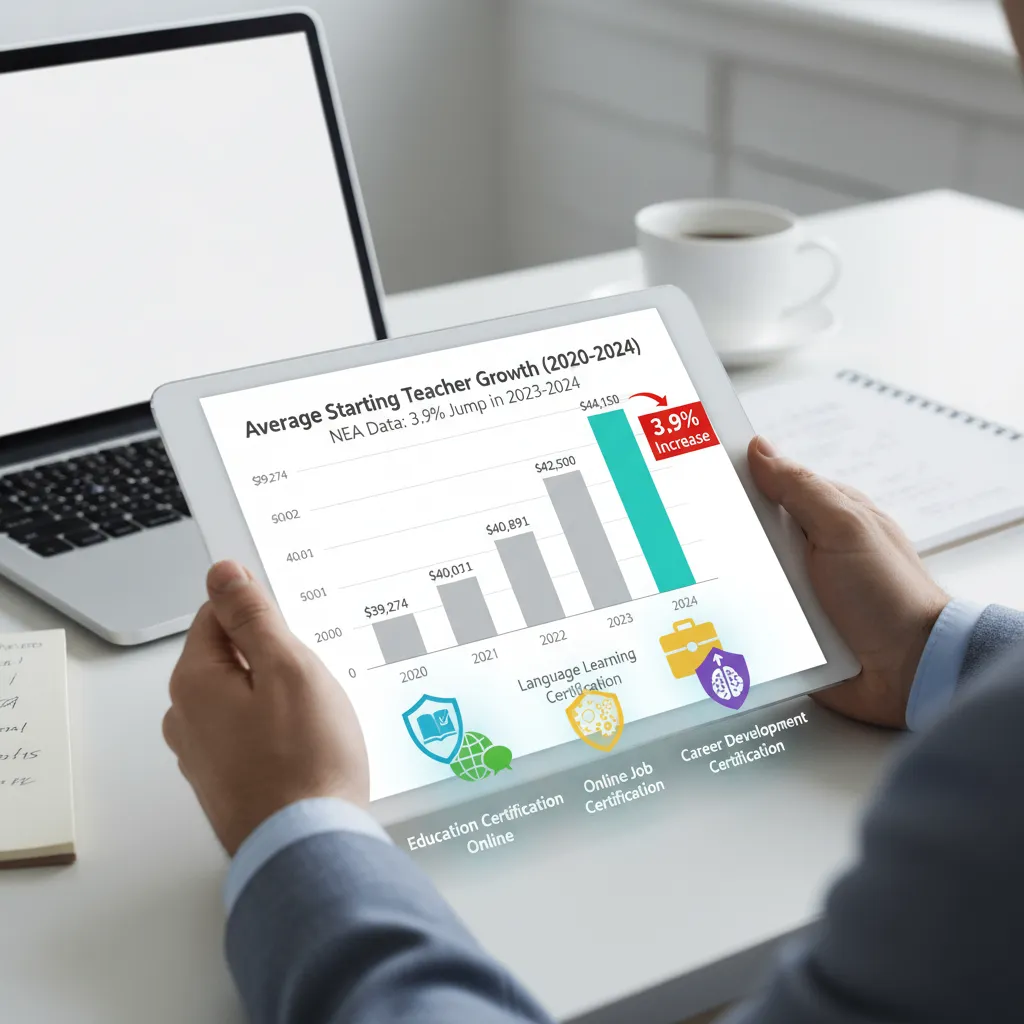 A bar chart showing the 'Average Starting Teacher Salary' growth from 2020 to 2024 based on NEA data, highlighting the recent 3.9% jump.
