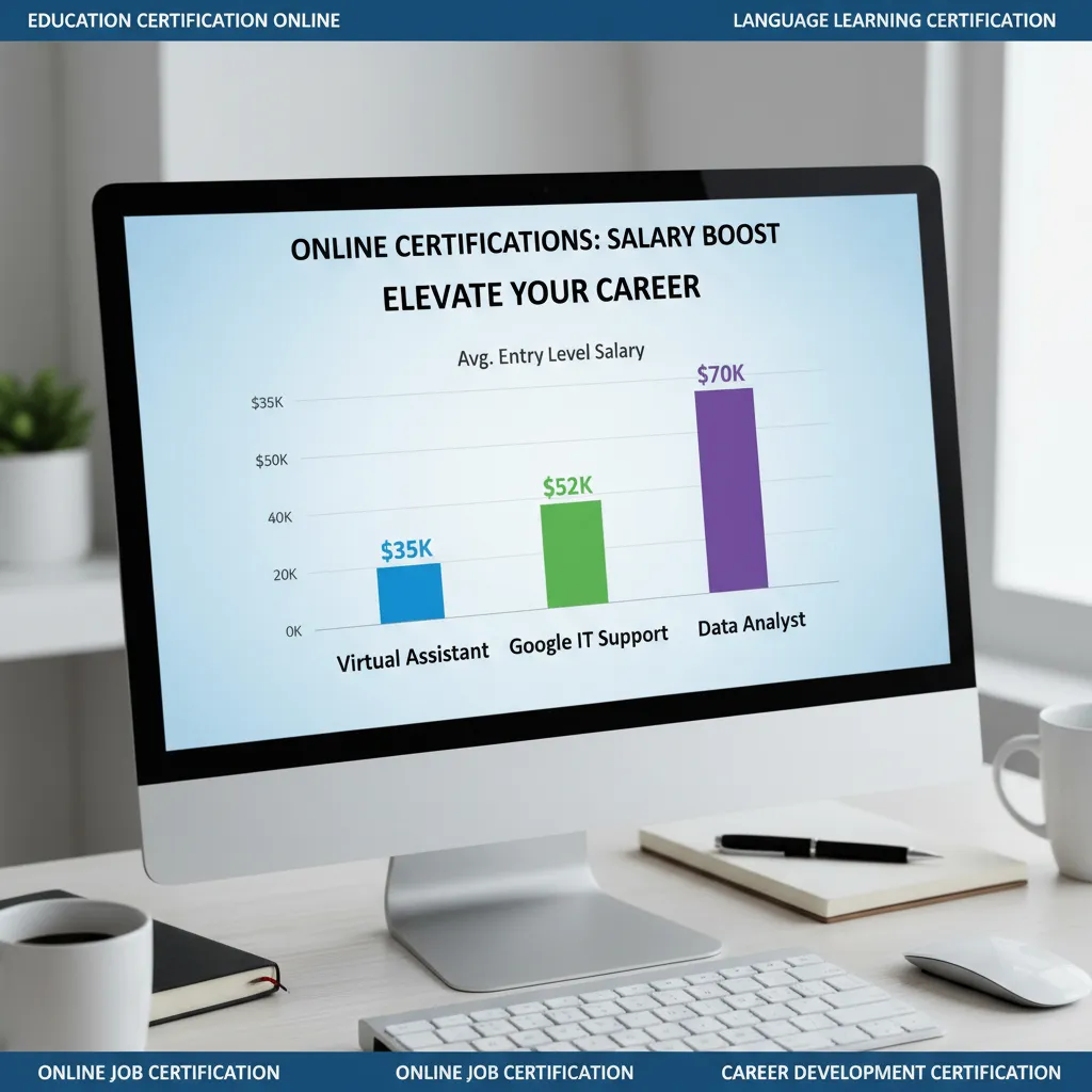 A bar chart comparing "Avg. Entry Level Salary" for three tracks: Virtual Assistant ($35k), Google IT Support ($52k), and Data Analyst ($70k). The bars are color-coded for visual distinction.