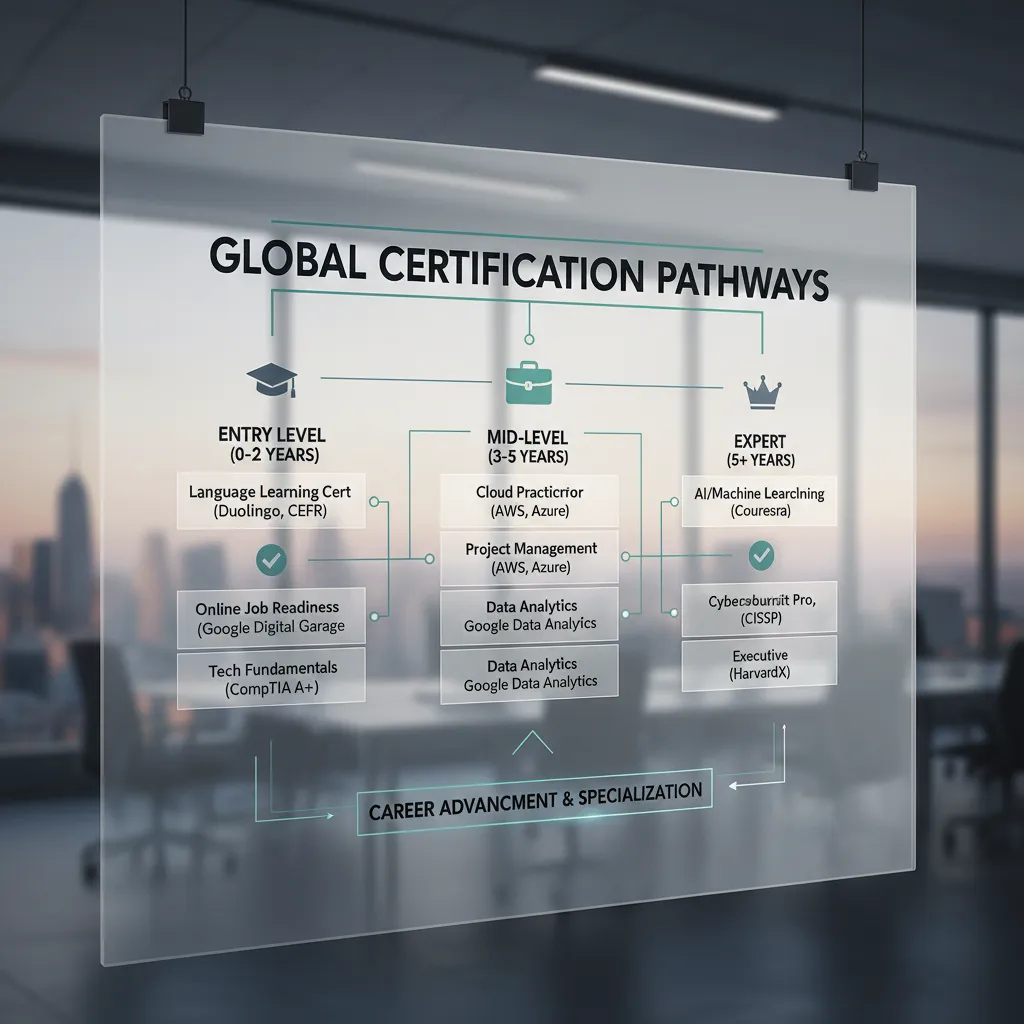 A modern, sleek infographic depicting a "Decision Matrix" flowchart. The path splits into three branches: "Entry Level (0-2 Years)", "Mid-Level (3-5 Years)", and "Expert (5+ Years)", with icons representing different tech certifications along each path.