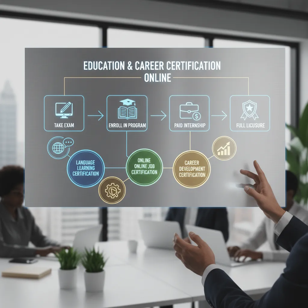 A flowchart showing Step 1: Take Exam -> Step 2: Enroll in Program -> Step 3: Paid Internship -> Step 4: Full Licensure.