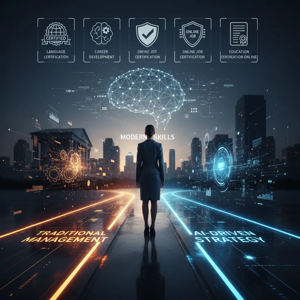 A conceptual illustration of a business leader standing at a crossroads, with one path labeled "Traditional Management" and the other "AI-Driven Strategy," highlighting the need for modern skills
