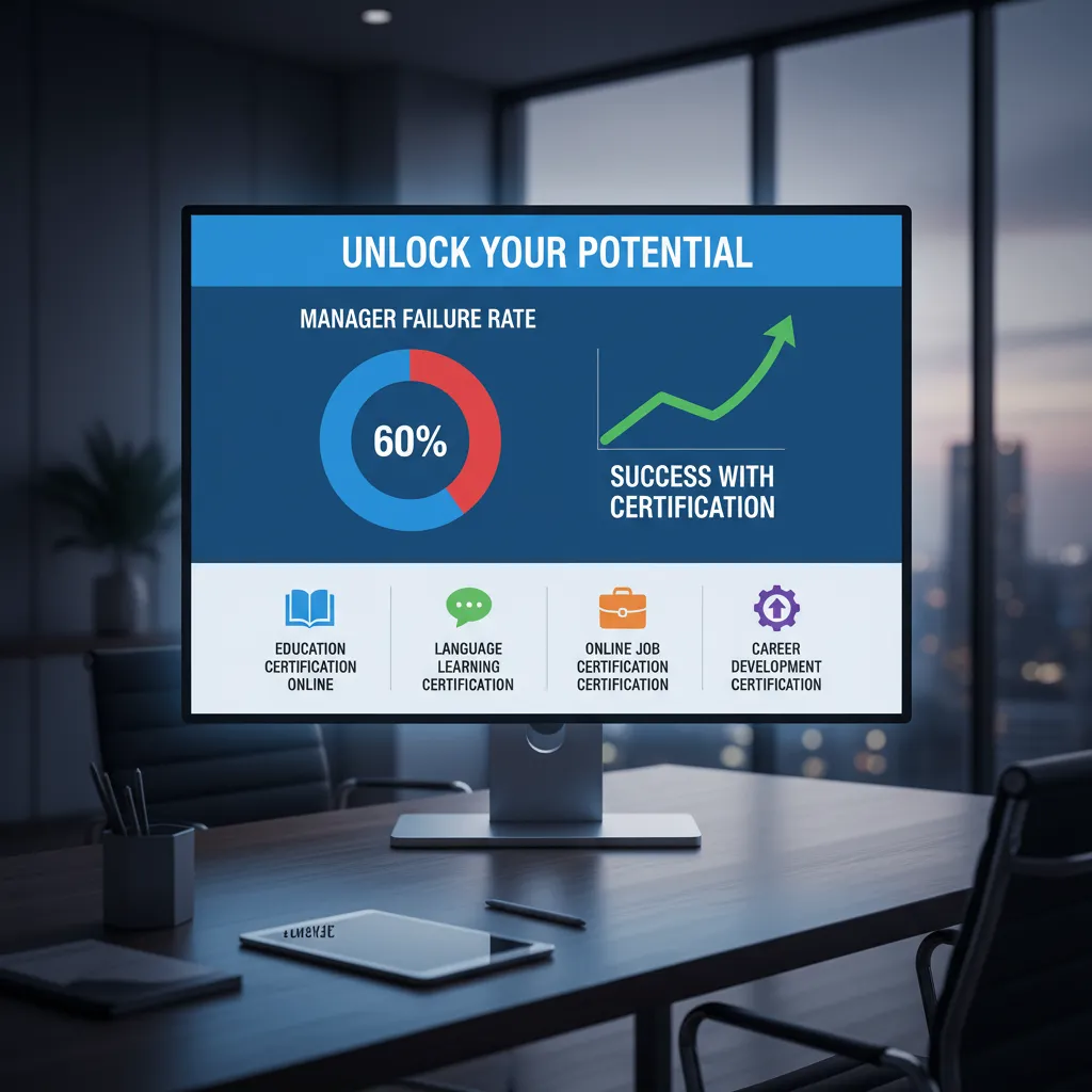 A professional infographic illustrating the "Manager Failure Rate" of 60% alongside a rising graph showing the potential for success with proper training