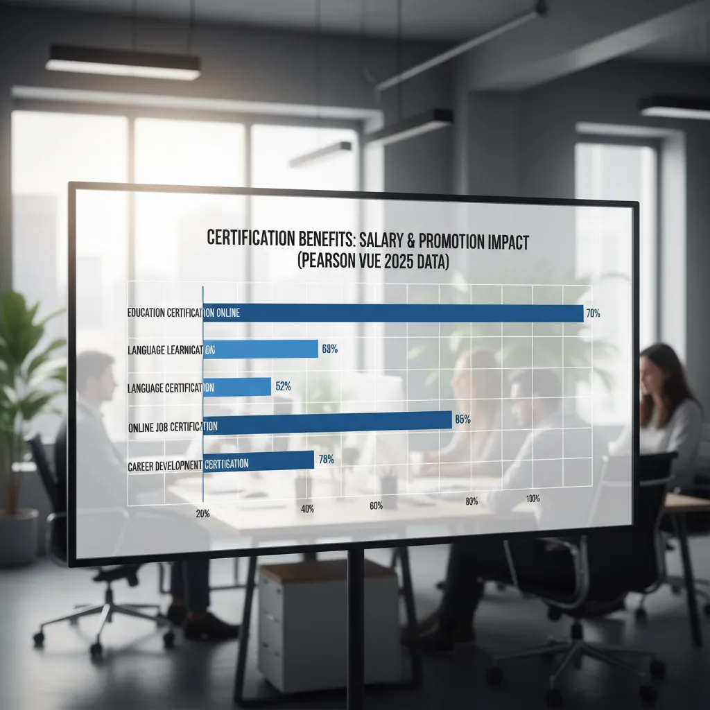 Bar graph illustrating the percentage of professionals receiving salary increases and promotions after certification, based on Pearson VUE 2025 data.