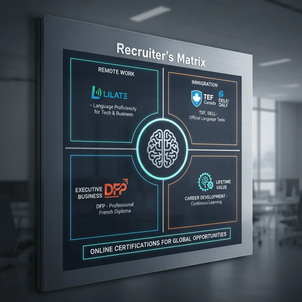 A professional infographic illustrating the "Recruiter's Matrix," showing four quadrants: Remote Work, Immigration, Executive Business, and Lifetime Value, with the logos of LILATE, TEF, DFP, and DELF placed in their respective zones.