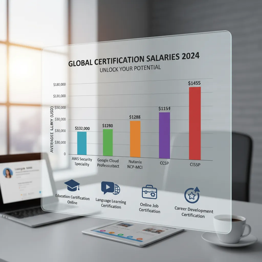 Bar chart comparing average salaries of the top 5 certifications: AWS Security Specialty, Google Cloud Professional Architect, Nutanix NCP-MCI, CCSP, and CISSP