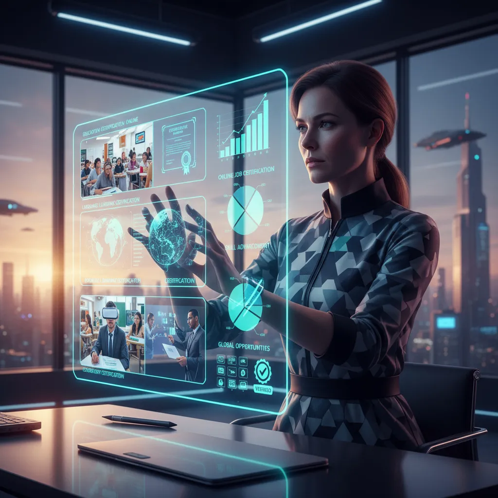 A futuristic concept art illustration showing a social media manager using a holographic interface that combines creative video elements with hard data analytics charts.