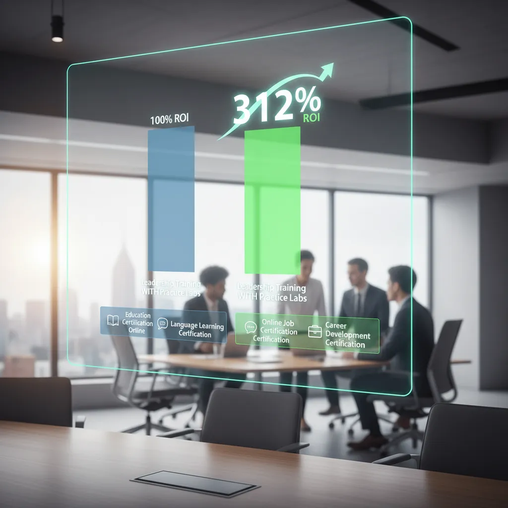 A comparative chart showing the ROI of leadership training with and without practice labs, emphasizing the 312% figure