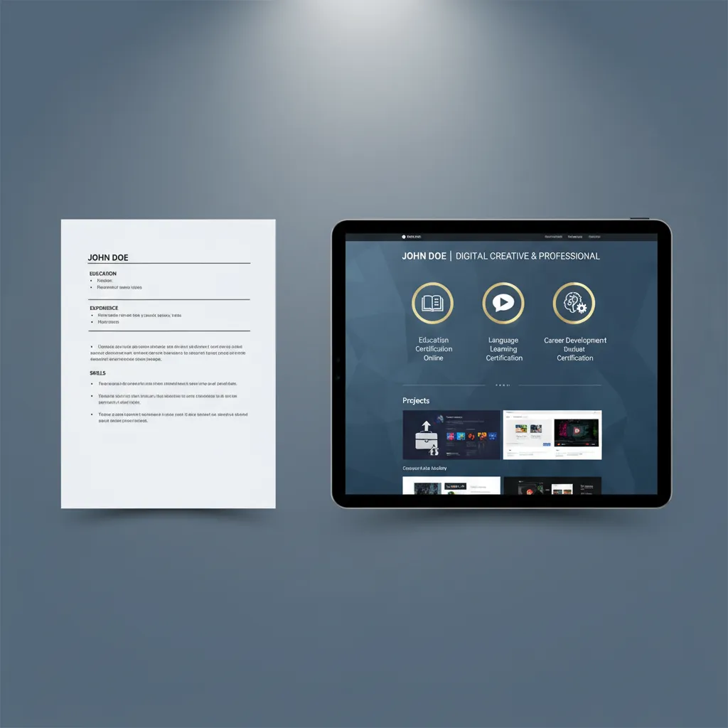 A split screen comparison showing a resume on one side and a digital portfolio website on the other, highlighting the portfolio's visual appeal