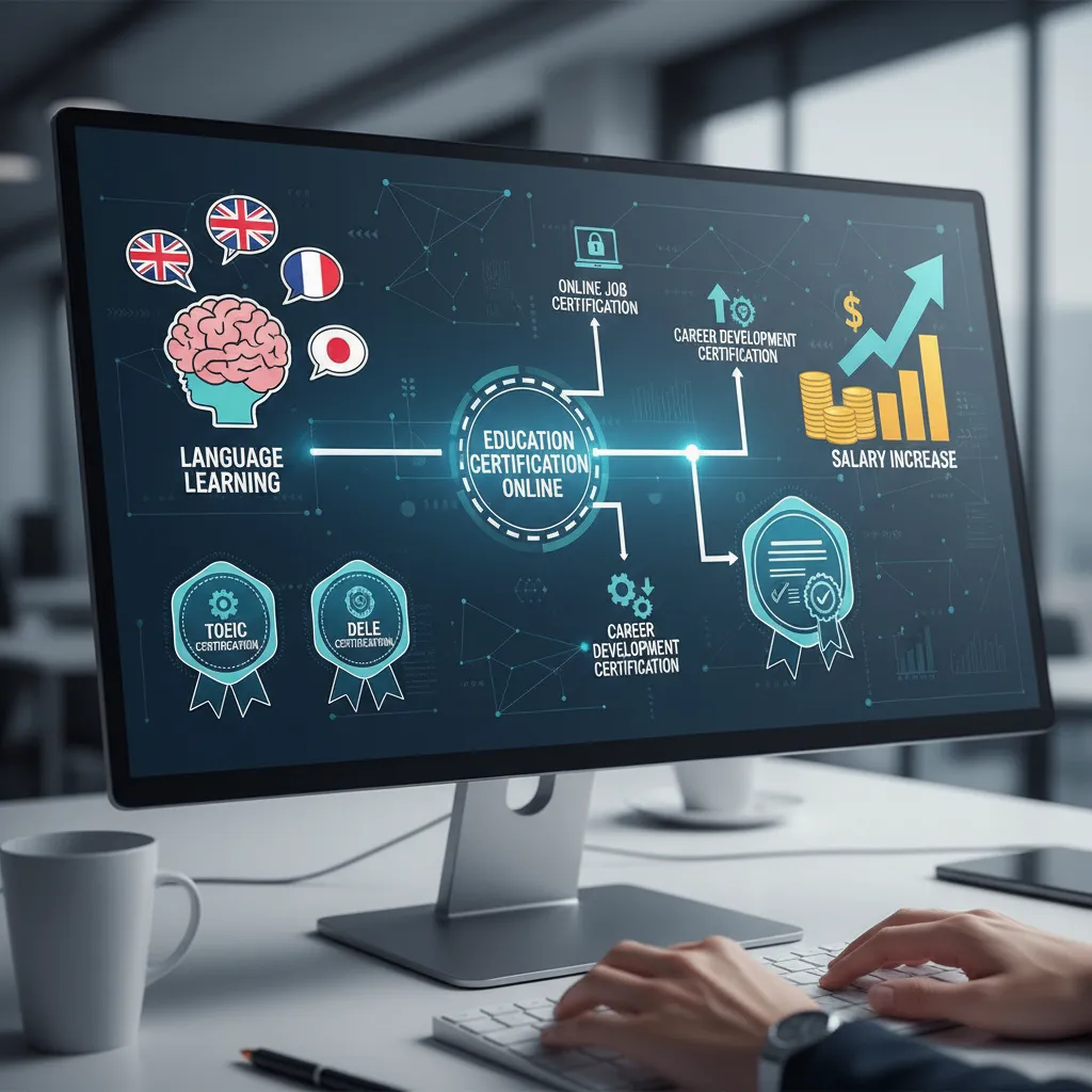 An infographic roadmap showing the journey from language learning to certification to salary increase, highlighting key acronyms like TOEIC and DELE