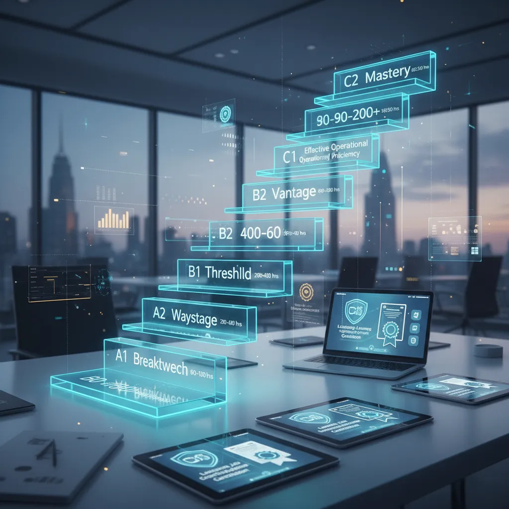 A visual representation of the CEFR ladder, showing steps from A1 (Breakthrough) up to C2 (Mastery), with estimated study hours next to each step