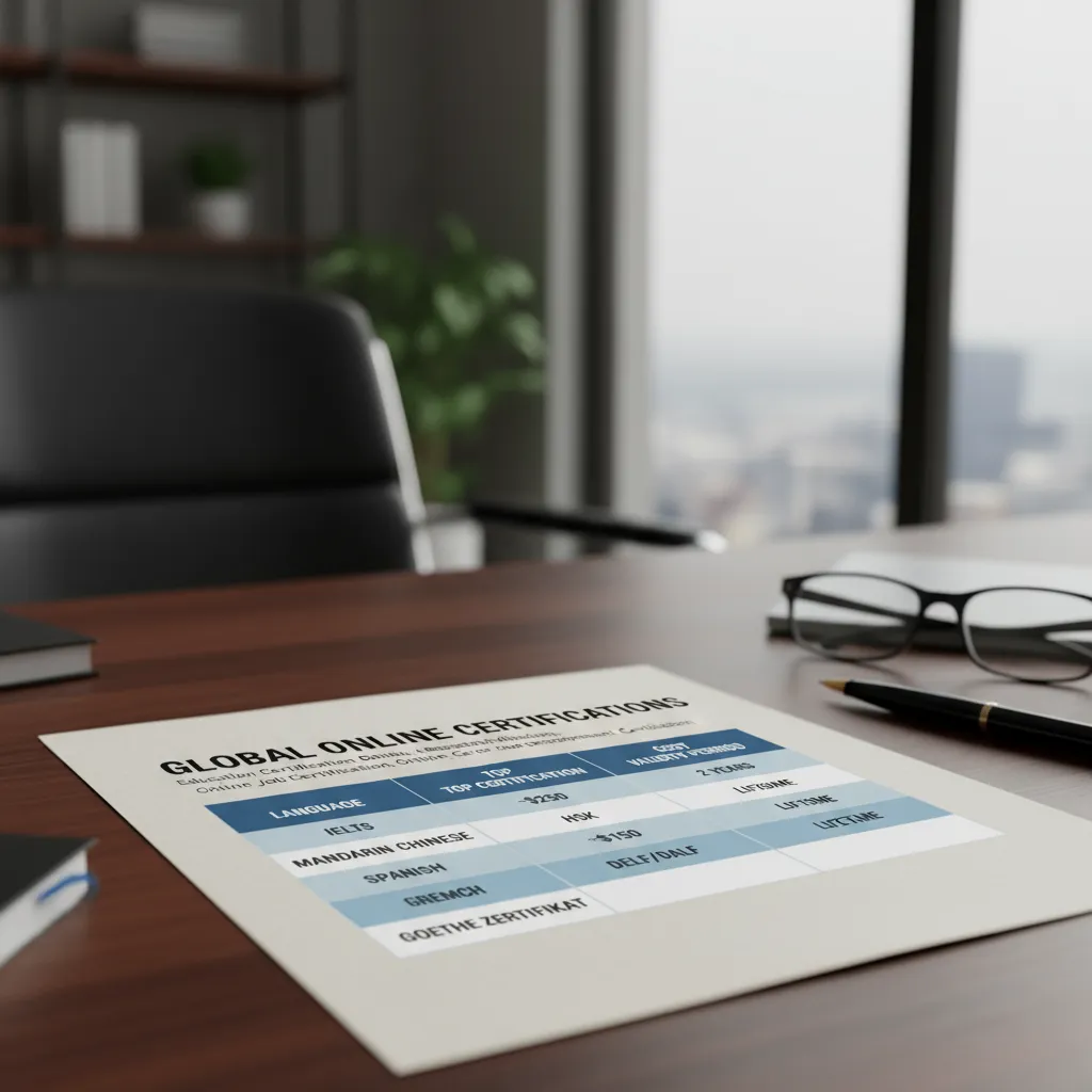 A data visualization table listing "Language," "Top Certification," "Cost (Approx)," and "Validity Period." Example: English | IELTS | ~$250 | 2 Years.