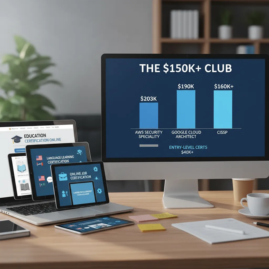 A comparative bar chart titled 'The $150k+ Club,' visualizing salary data for AWS Security Specialty ($203k), Google Cloud Architect ($190k), and CISSP ($160k+), emphasizing the financial gap between these and entry-level certs.
