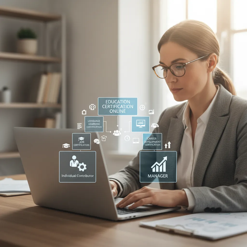 A professional looking at a laptop screen displaying a career roadmap with steps leading from 'Individual Contributor' to 'Manager', visualizing the certification bridge.