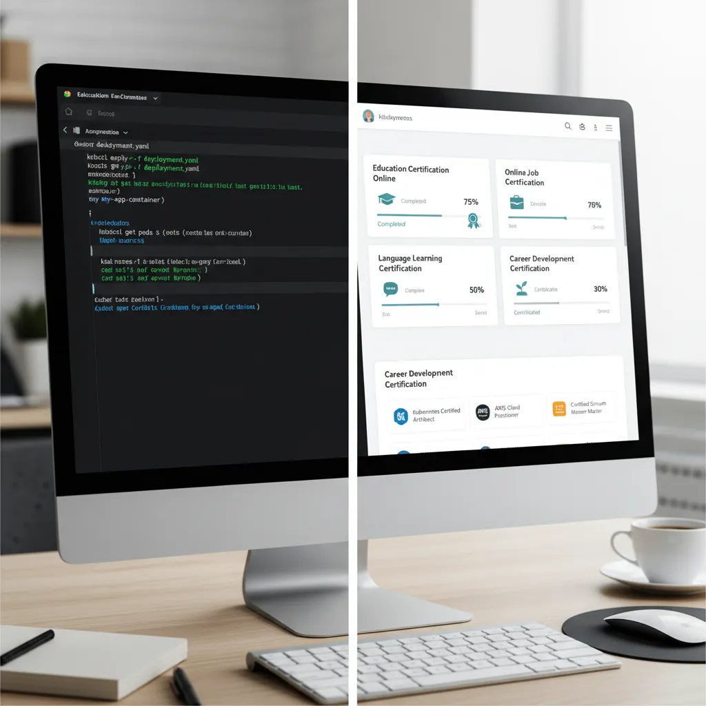 A screenshot-style graphic showing a terminal window with Kubernetes commands (kubectl) on one side and a clean dashboard UI on the other, representing the balance between command-line skill and architectural oversight.
