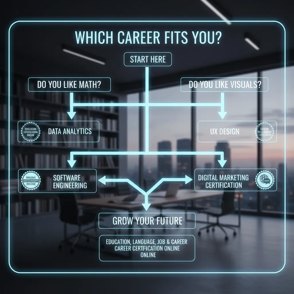 A decision tree flowchart titled "Which Career Fits You?" showing branches like "Do you like Math? -> Data Analytics" and "Do you like Visuals? -> UX Design".