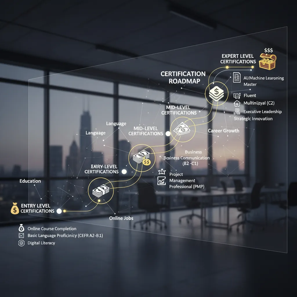 A modern, sleek infographic displaying a "Roadmap" winding path. It shows markers for Entry Level, Mid-Level, and Expert Level certifications, with dollar signs indicating salary potential at each stage.