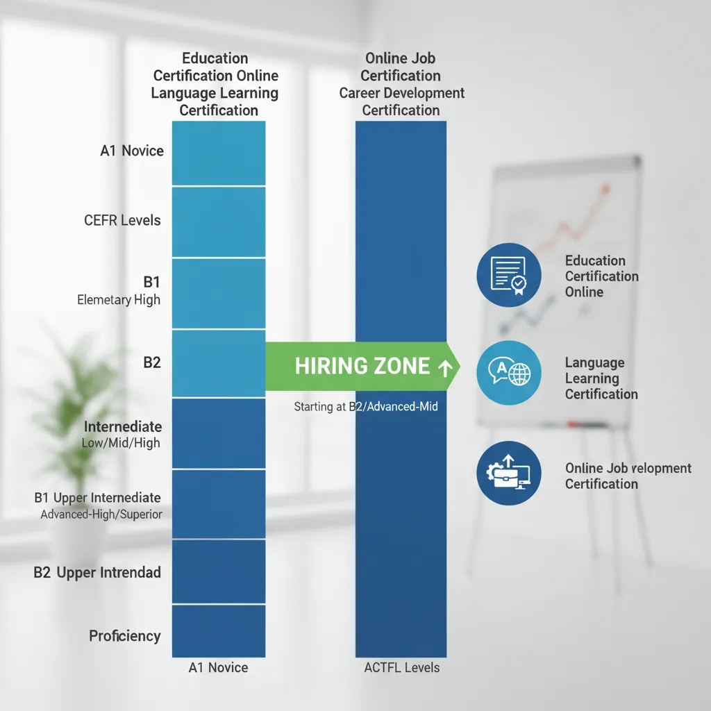 A side-by-side comparison scale aligning CEFR levels (A1-C2) with ACTFL levels (Novice to Distinguished), highlighting the "Hiring Zone" starting at B2/Advanced-Mid.