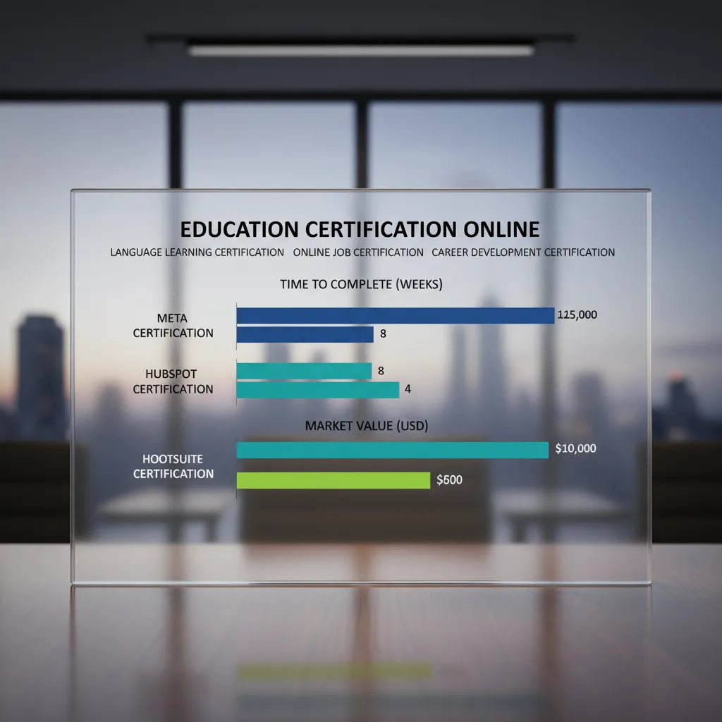 A comparison bar chart showing the "Time to Complete" vs. "Market Value" of Meta, HubSpot, and Hootsuite certifications.