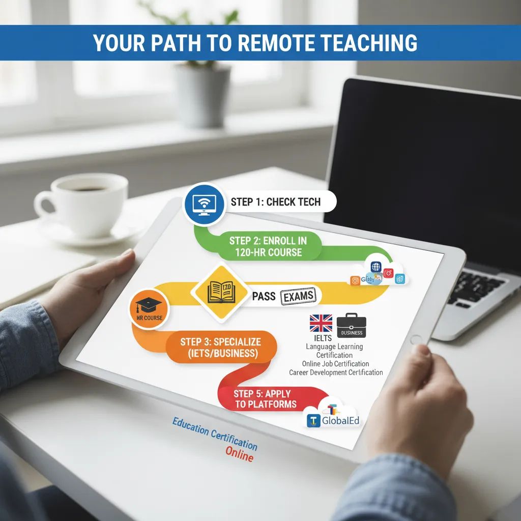 An infographic roadmap titled 'Your Path to Remote Teaching'. Step 1: Check Tech. Step 2: Enroll in 120-hr Course. Step 3: Pass Exams. Step 4: Specialize (IELTS/Business). Step 5: Apply to Platforms.