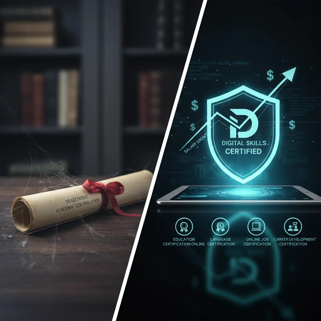 A modern, split-screen graphic showing a traditional diploma on one side gathering dust, and a glowing digital shield/badge on the other side representing 'Digital Skills' with an upward trending salary graph overlay.