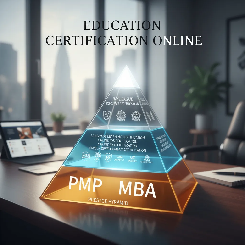A professional "Prestige Pyramid" graphic showing PMP and MBA at the foundation, specialized certs in the middle, and Ivy League executive certificates at the peak.