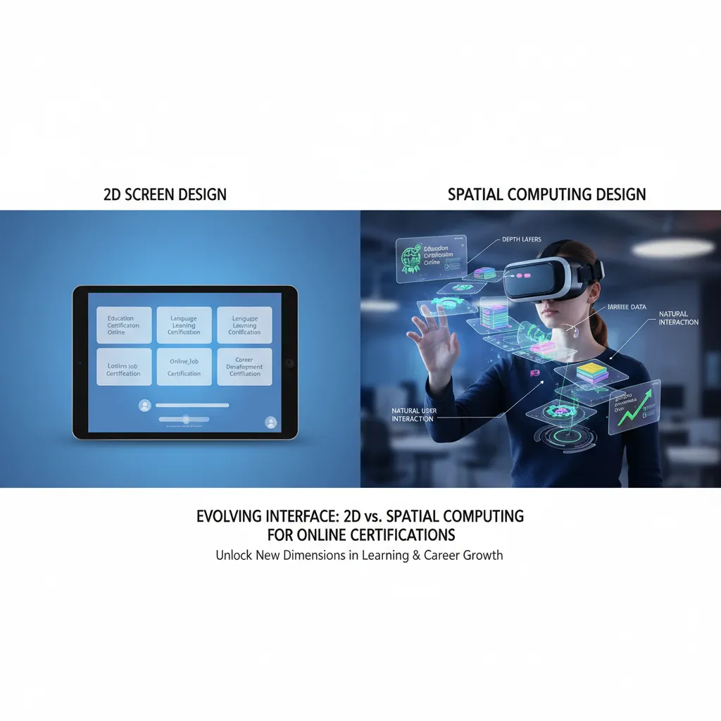 An infographic comparing traditional "2D Screen Design" vs. "Spatial Computing Design" showing the new layers of depth and user interaction.
