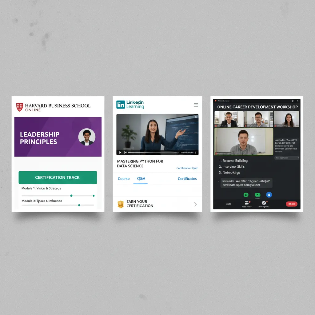 A screenshot comparison collage showing the user interfaces of Harvard Business School Online, LinkedIn Learning, and a Zoom workshop session to illustrate different learning modalities.