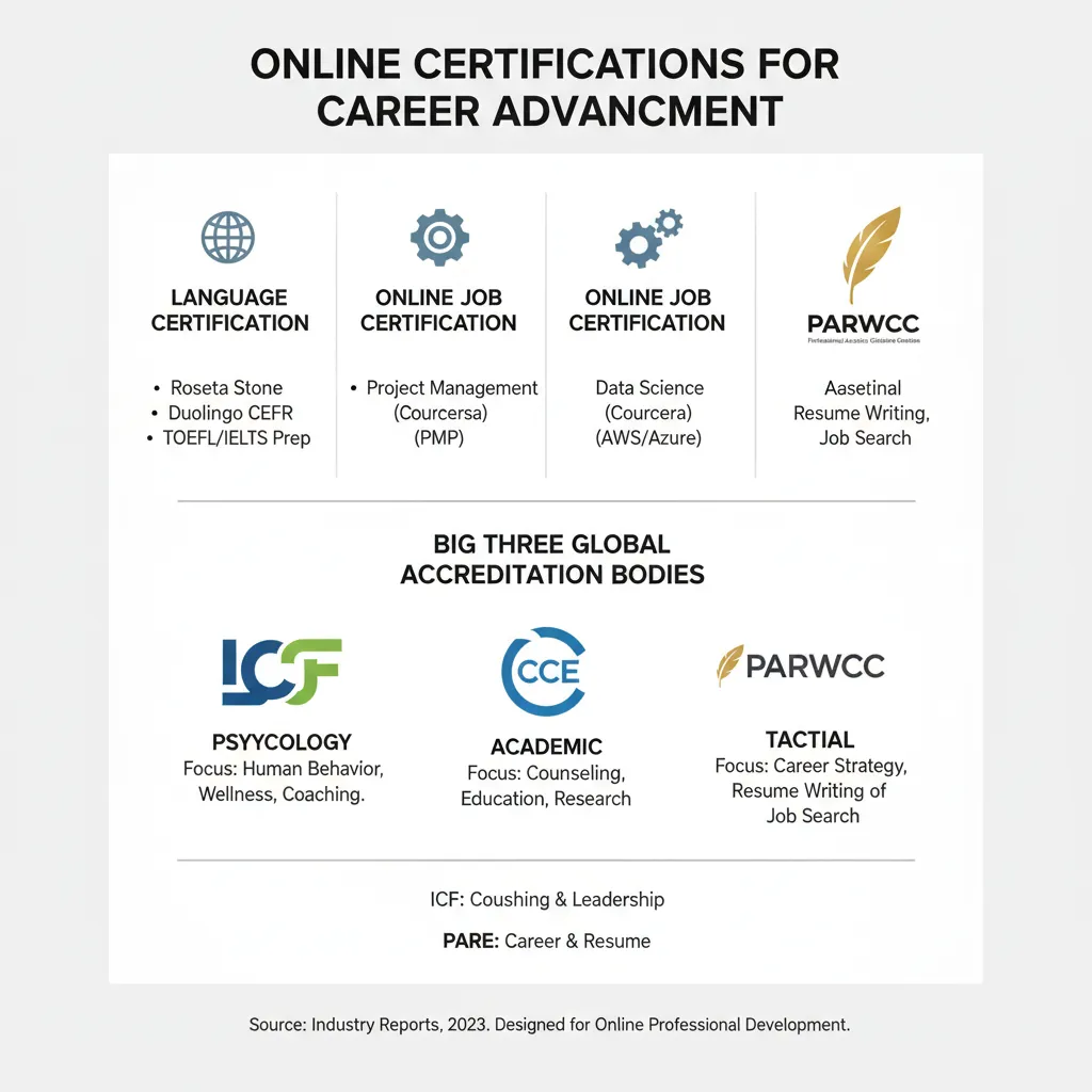 An infographic illustrating the "Big Three" accreditation bodies (ICF, CCE, PARWCC), displaying their logos and key focus areas: Psychology vs. Academic vs. Tactical.