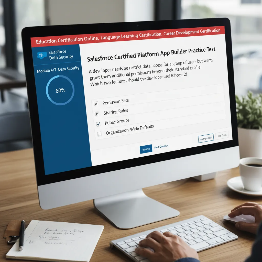 A close-up screenshot of a Salesforce practice exam dashboard showing a complex multiple-choice question about data permission sets, highlighting the difficulty level.