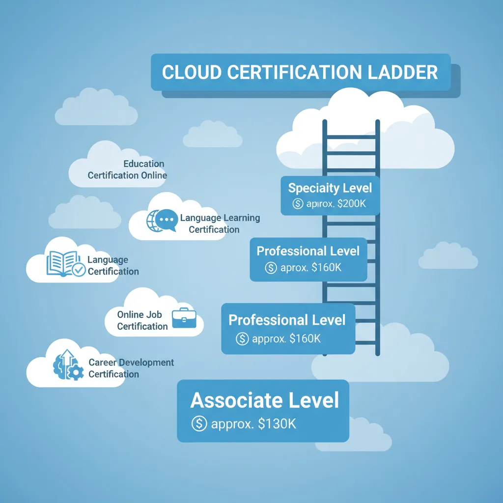 An infographic illustrating the "Cloud Certification Ladder" showing the progression from Associate level (approx $130k) to Professional level (approx $160k) to Specialty level (approx $200k).